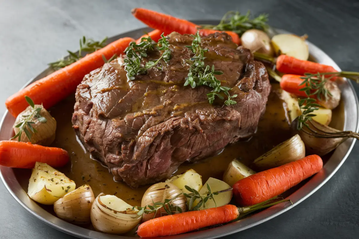 Juicy beef chuck roast served with vegetables and a rich gravy