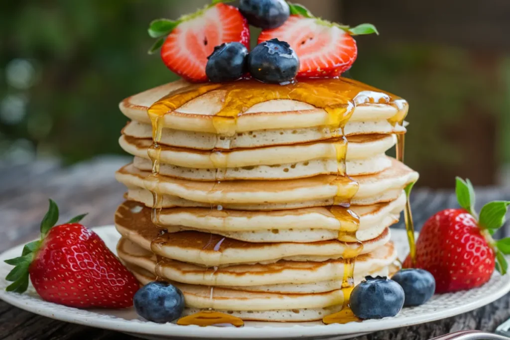 Stack of fluffy sourdough pancakes made with discard