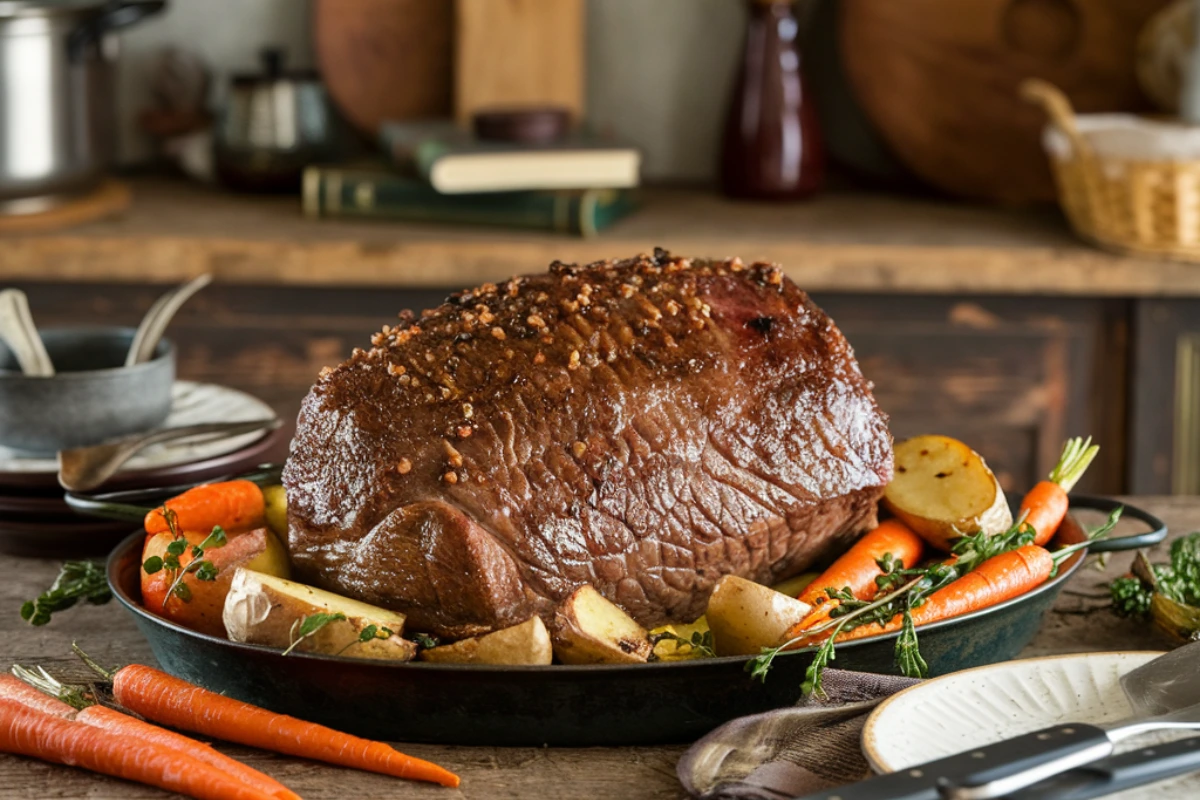 Cooked beef chuck roast with vegetables