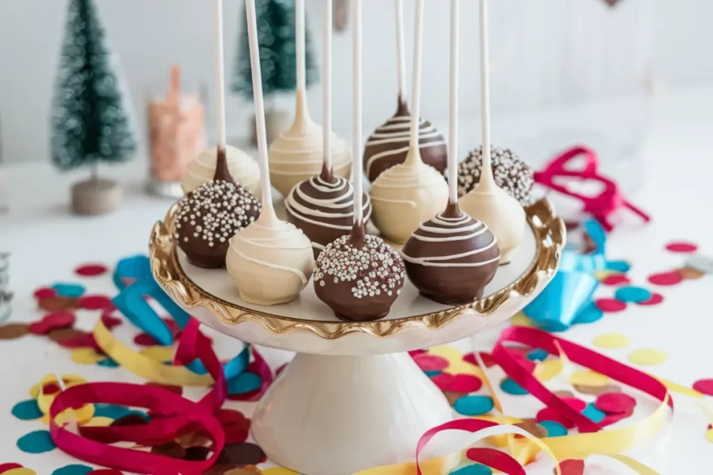 A variety of cake pops with colorful icing and decorations