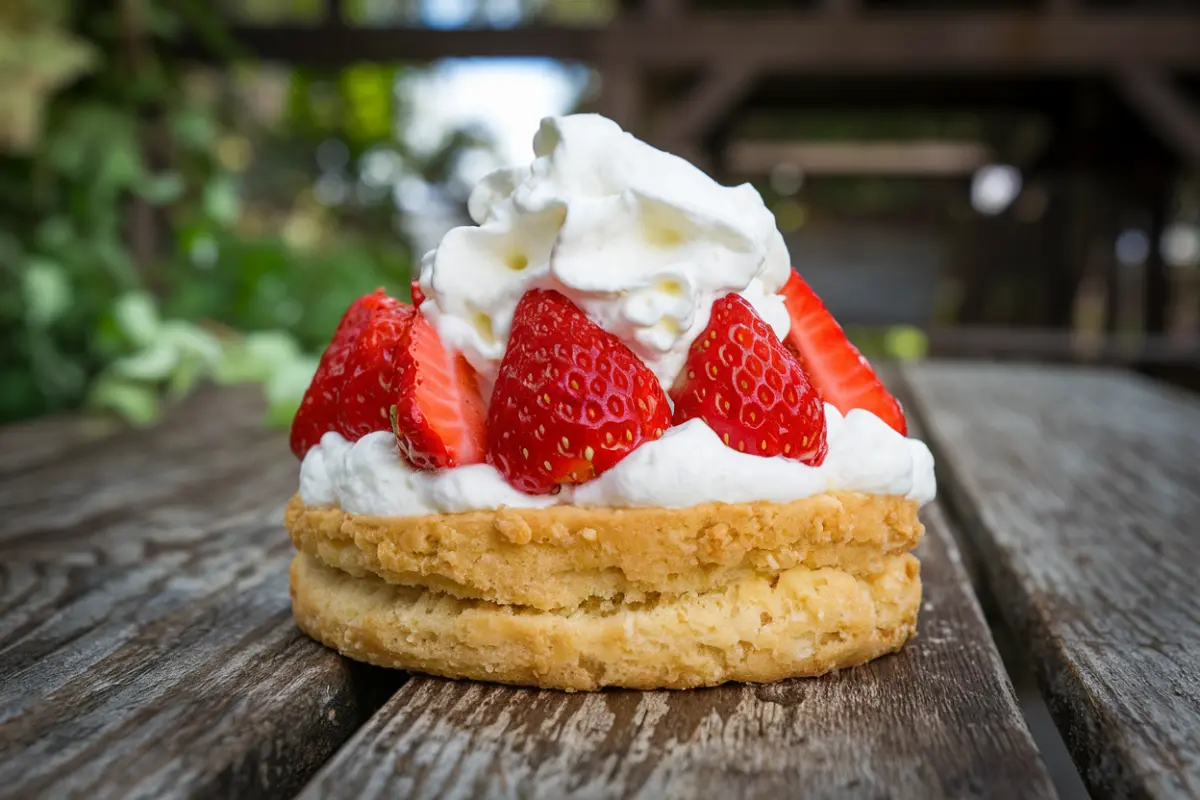 Freshly baked shortcake with strawberries and whipped cream