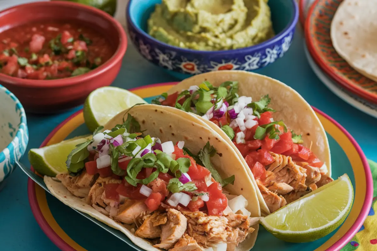 Juicy chicken tacos with fresh toppings in soft tortillas