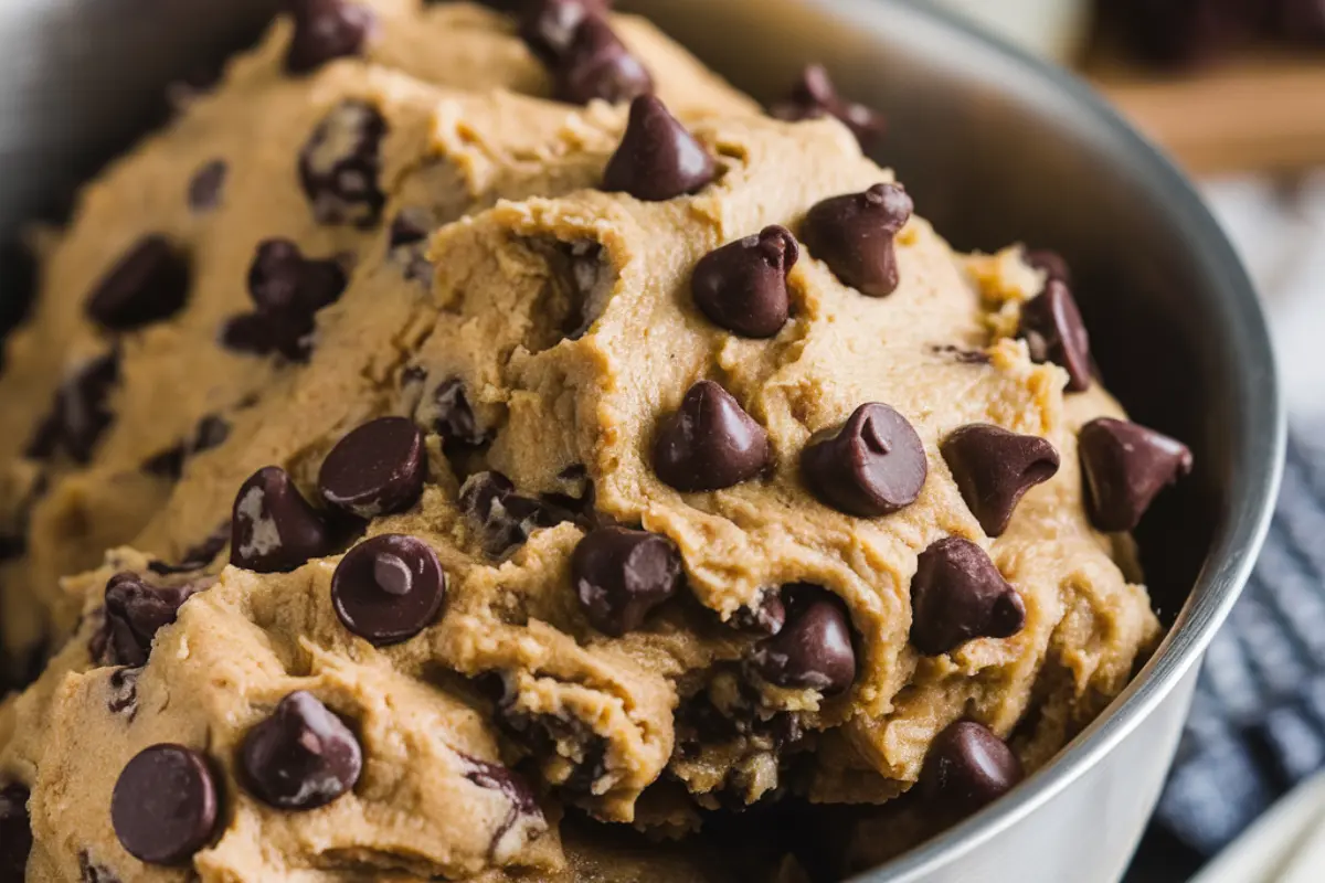 Homemade cookie dough in a mixing bowl with chocolate chips