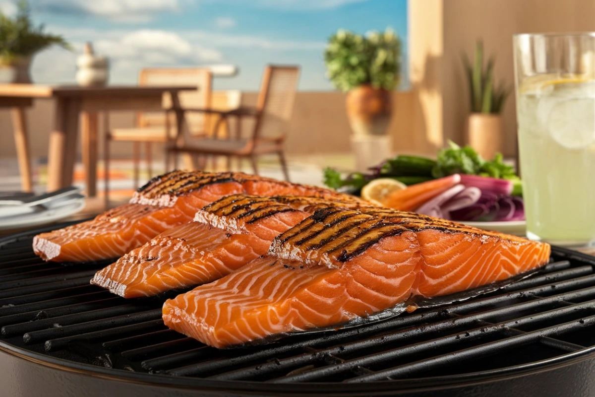 Smoked salmon fillets being grilled on a BBQ