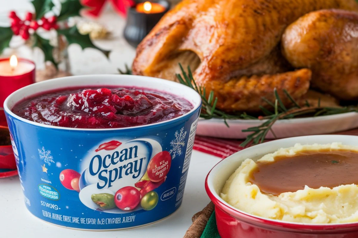 A bowl of Ocean Spray cranberry sauce served with turkey and festive holiday sides