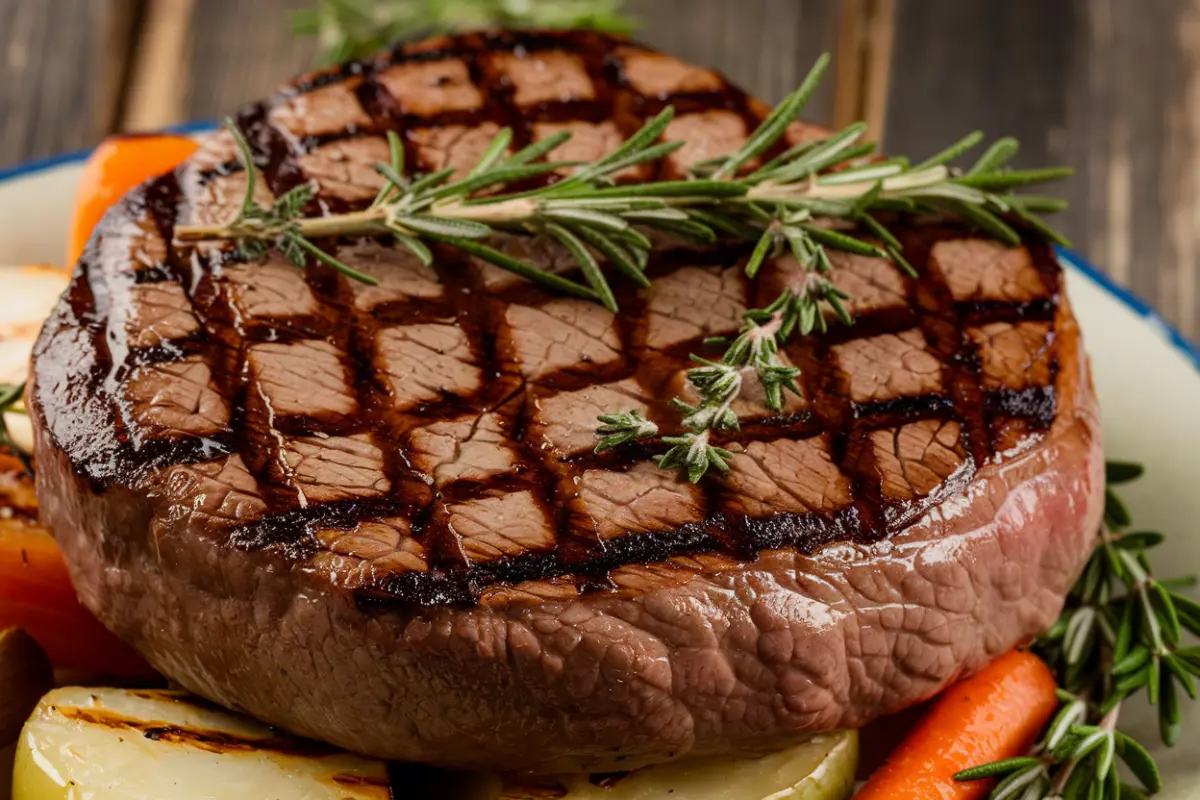 Juicy grilled beef round steak with fresh herbs