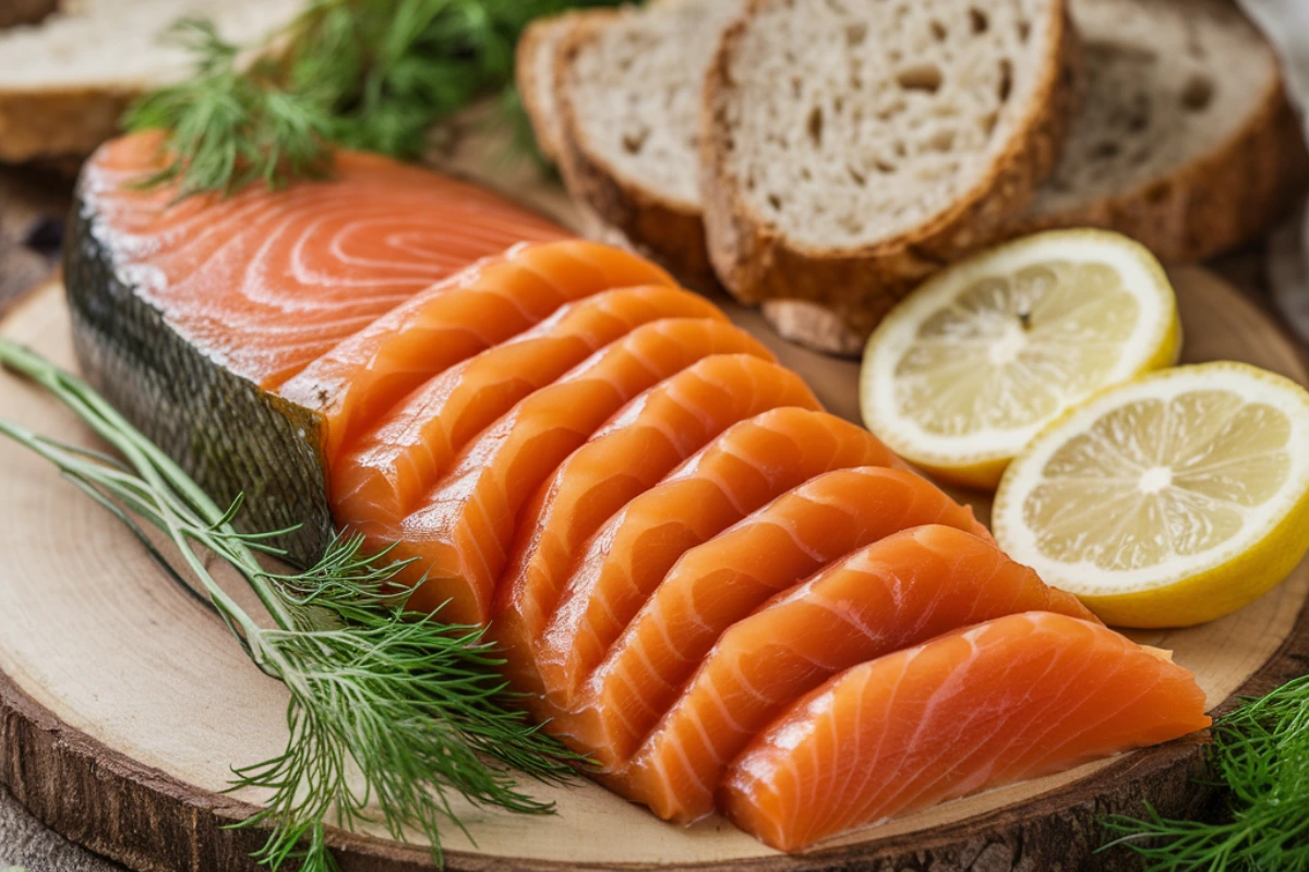 Smoked salmon served on a wooden board with herbs, lemon, and bread slices