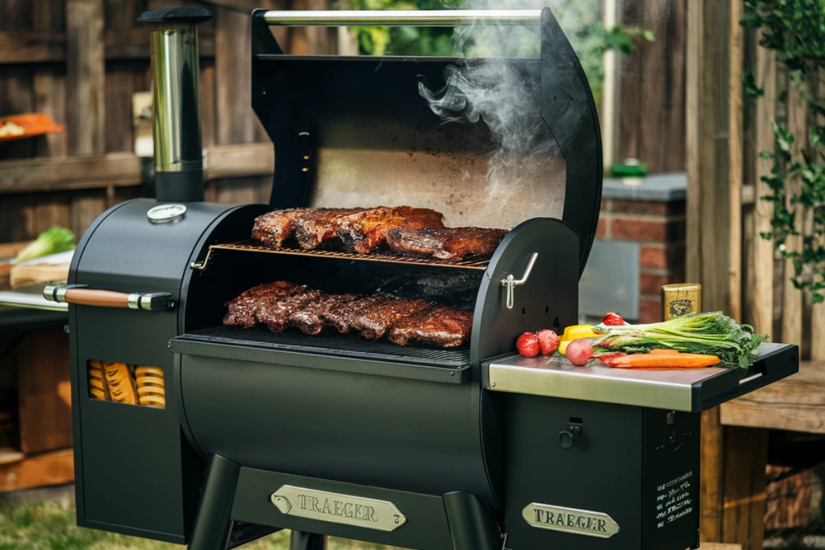 Grilling on a Traeger grill with perfect smoky barbecue ribs