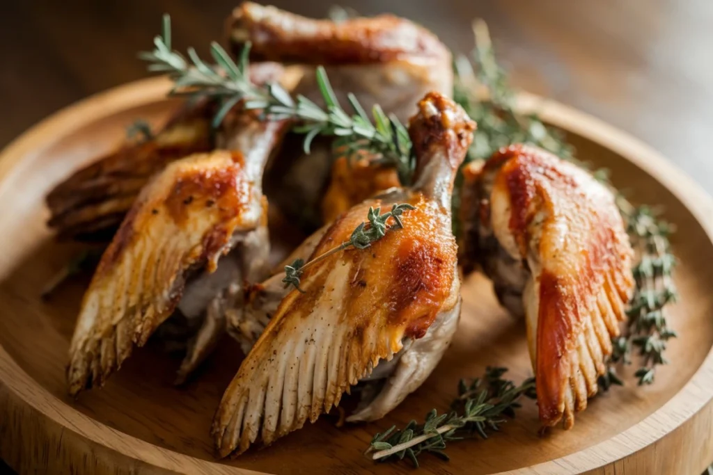 Juicy and crispy roasted turkey wings served on a wooden platter with herbs