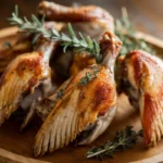 Juicy and crispy roasted turkey wings served on a wooden platter with herbs