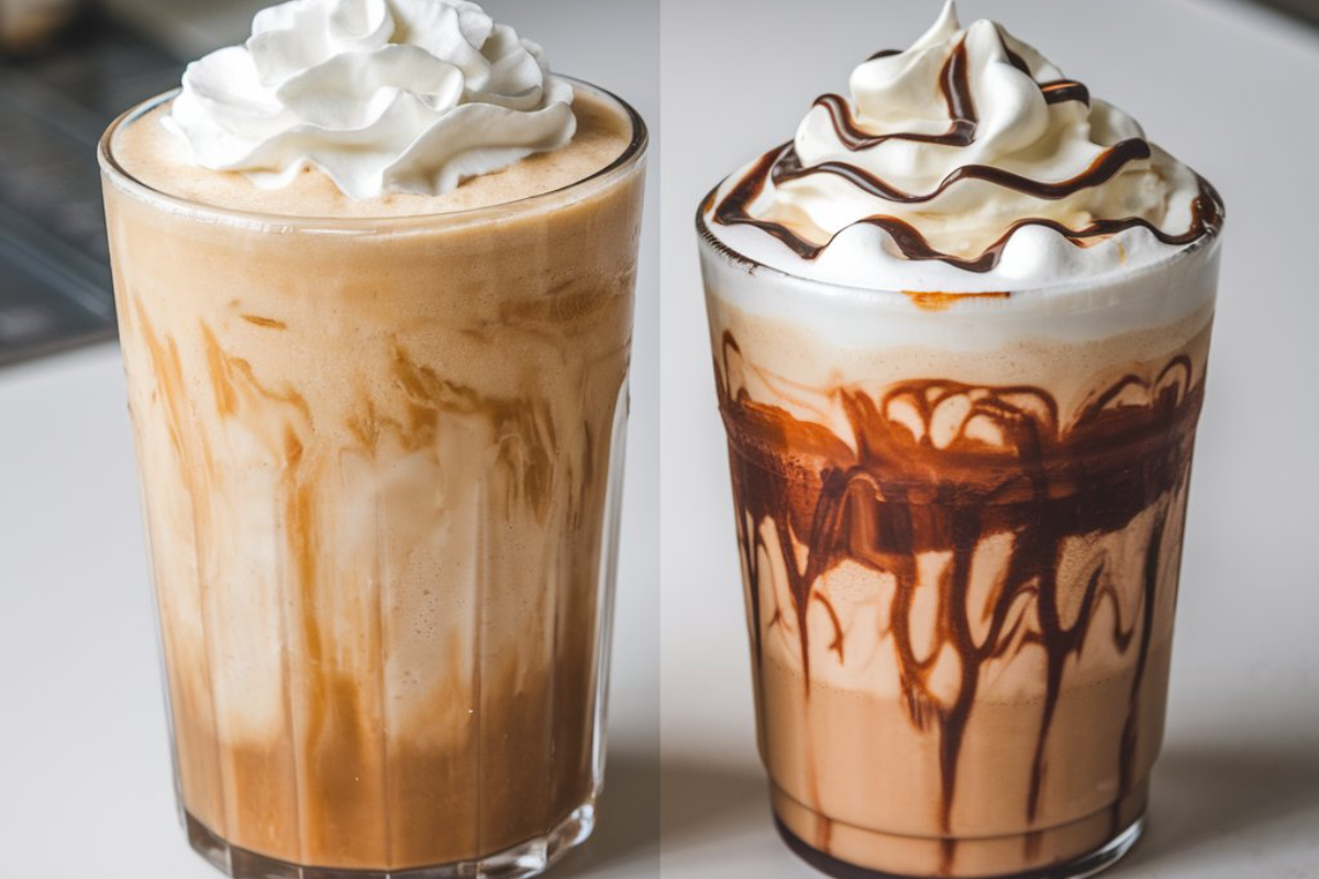 Iced frappe and Frappuccino side by side on a cafe table