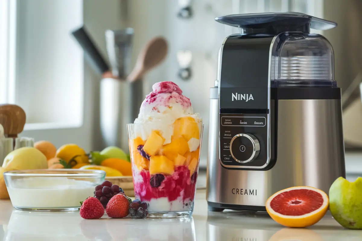 Frozen fruit being blended in a Ninja Creami machine