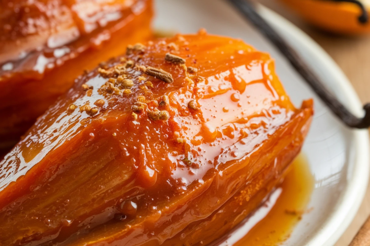 Baked candied yams in a dish topped with caramelized brown sugar syrup.