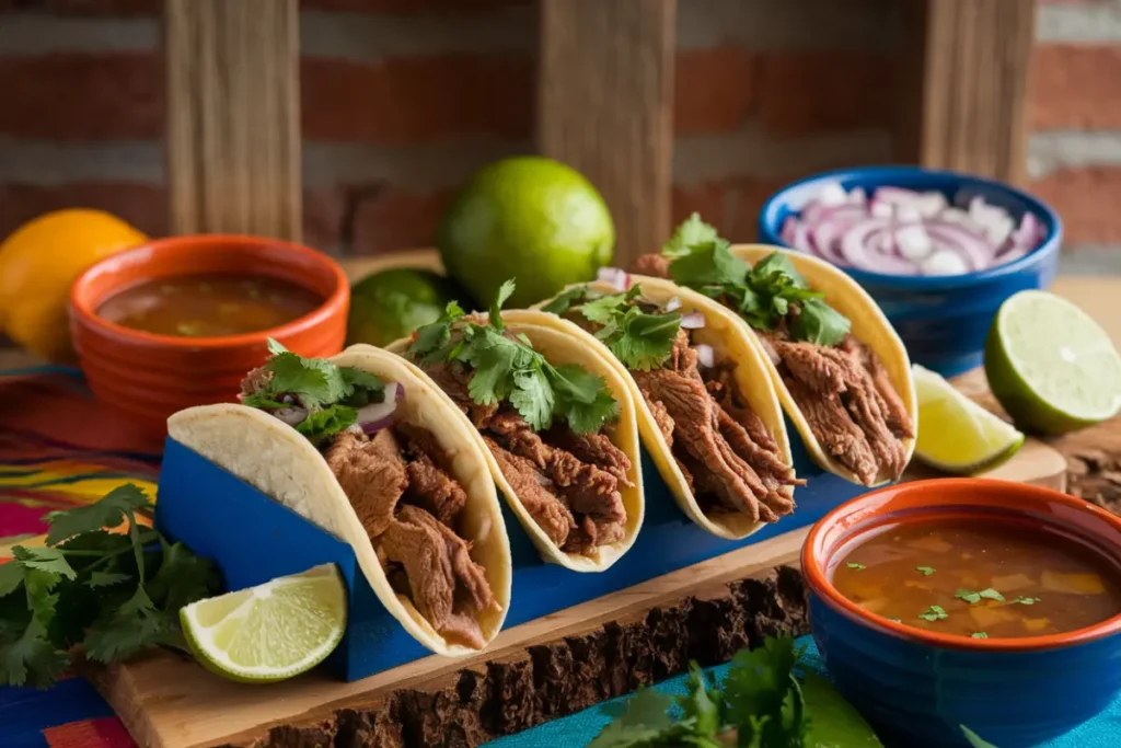 Authentic birria tacos with consommé on a plate