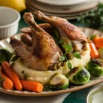 Roasted turkey wings with side dishes like mashed potatoes and vegetables