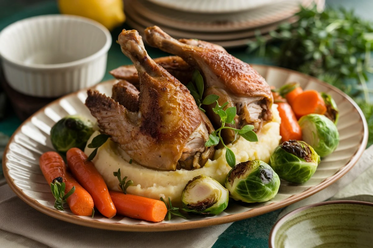 Roasted turkey wings with side dishes like mashed potatoes and vegetables