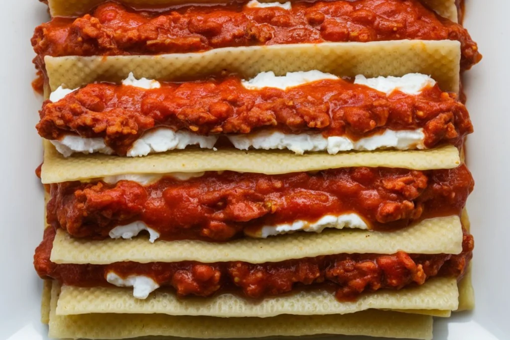 No-boil lasagna noodles being layered with sauce and cheese in a baking dish