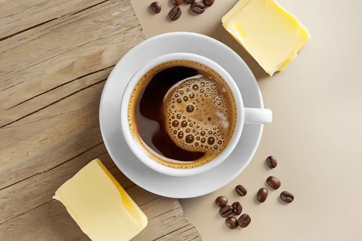 A cup of coffee made using the coffee loophole recipe, surrounded by ingredients like coconut oil and cinnamon sticks.