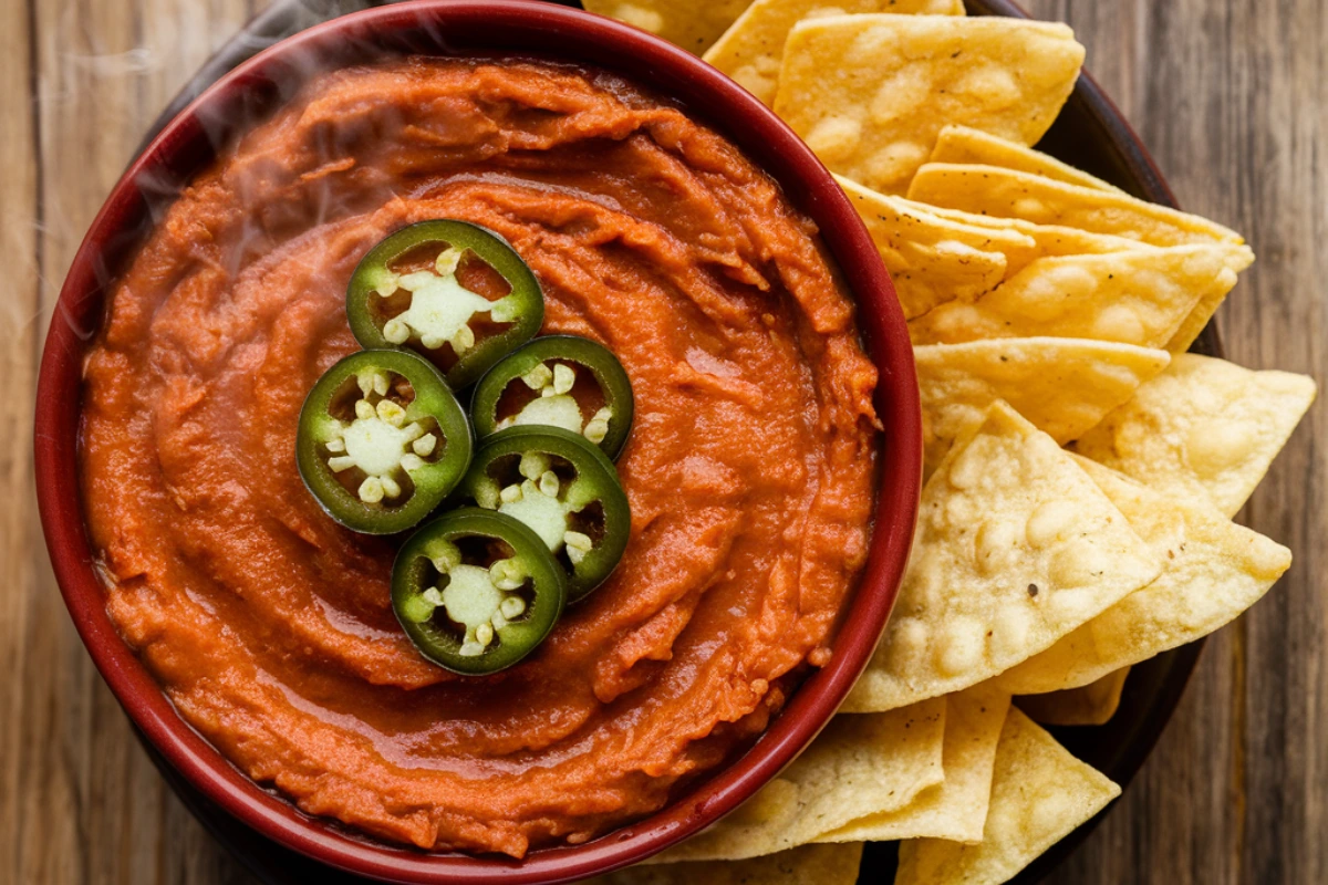 A bowl of cheesy Rotel dip with tortilla chips and jalapeños on the side