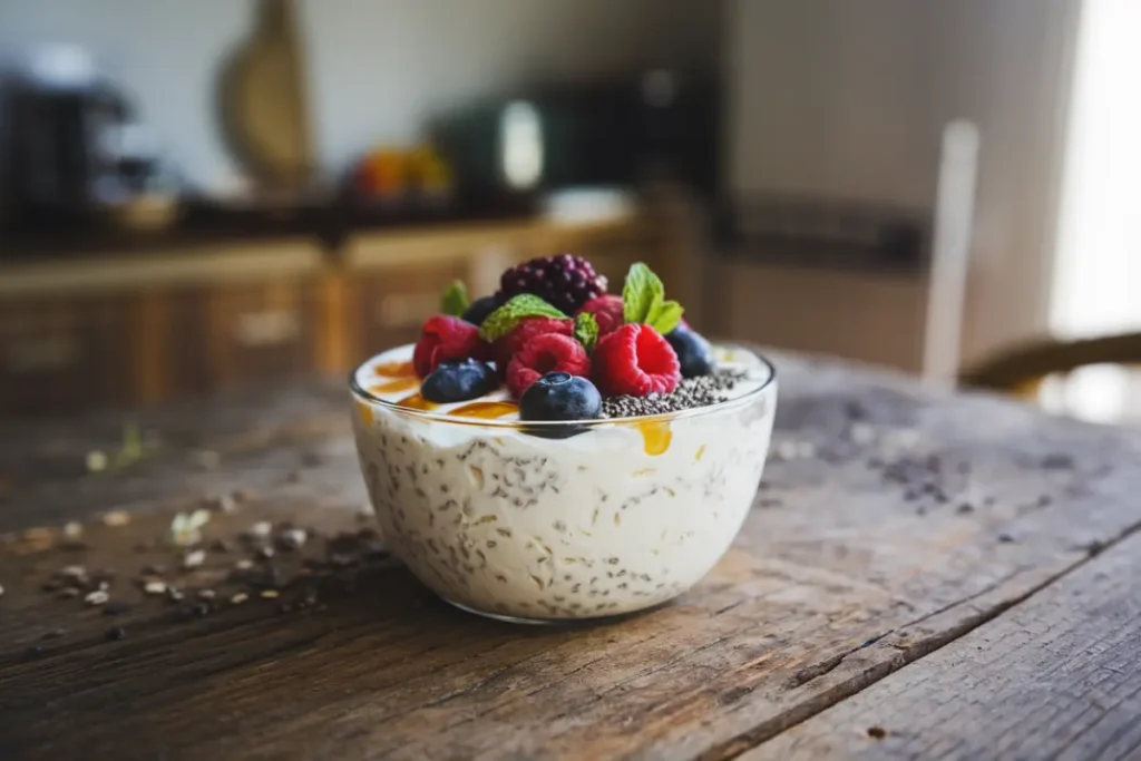 Cottage cheese with fresh fruit and herbs on a kitchen table