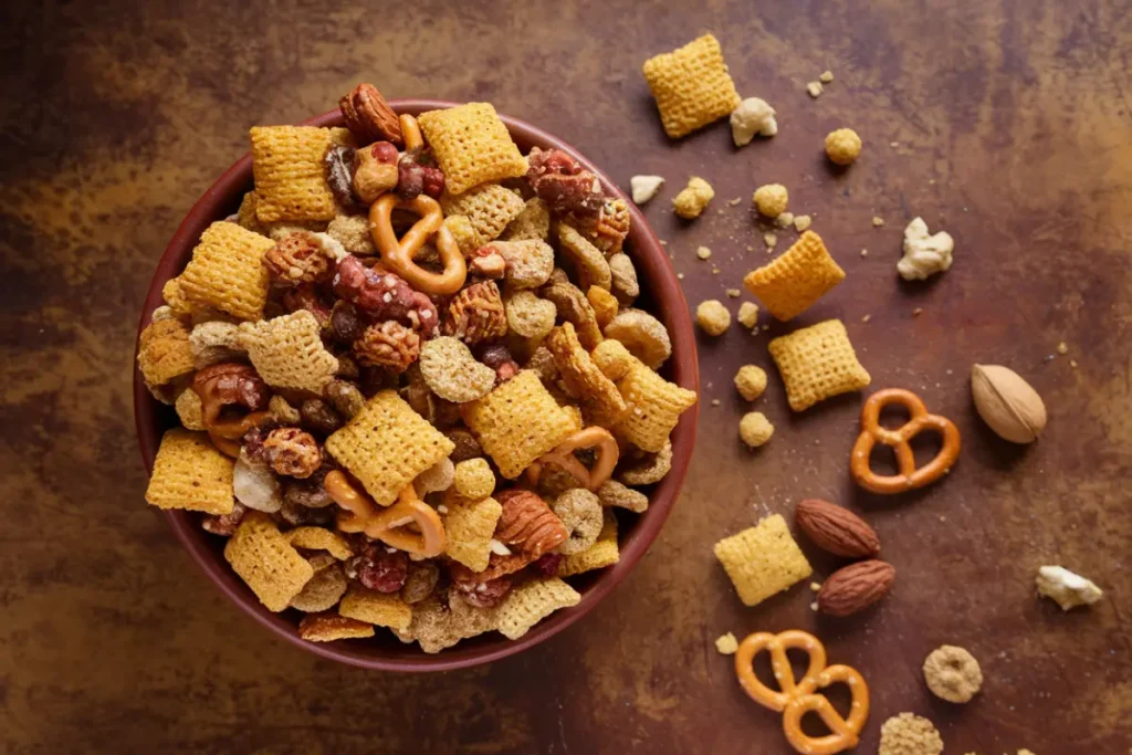 A bowl of Chex Mix coated in savory seasoning with pretzels, cereal, and nuts