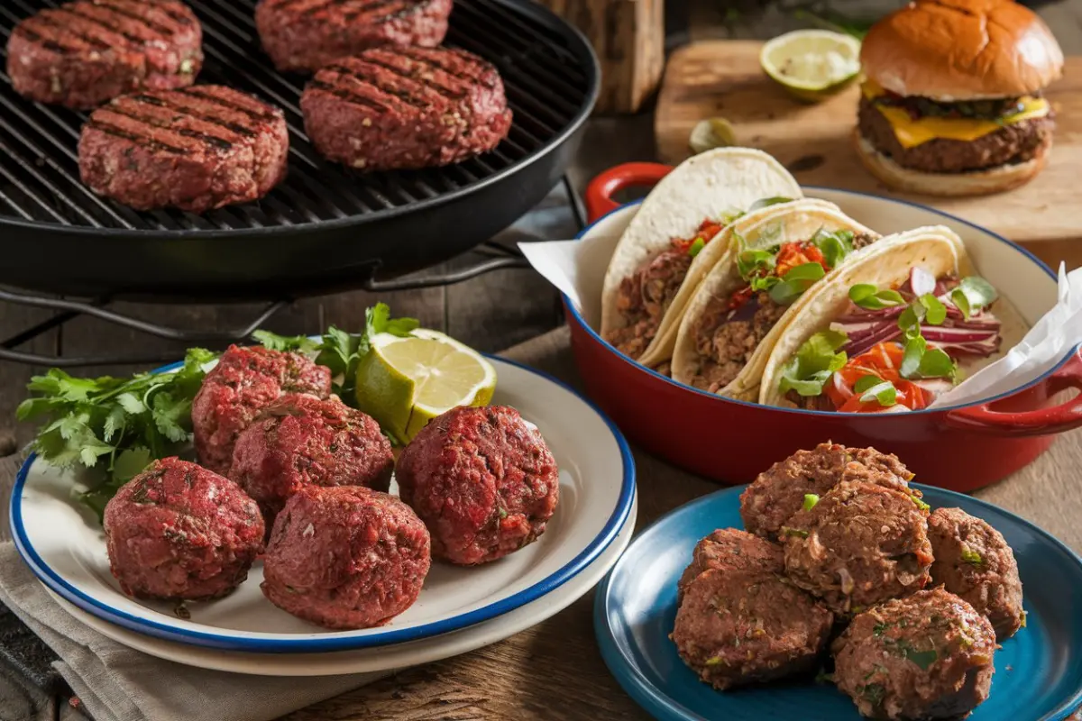 A variety of dishes made with ground venison including burgers, tacos, and meatballs.