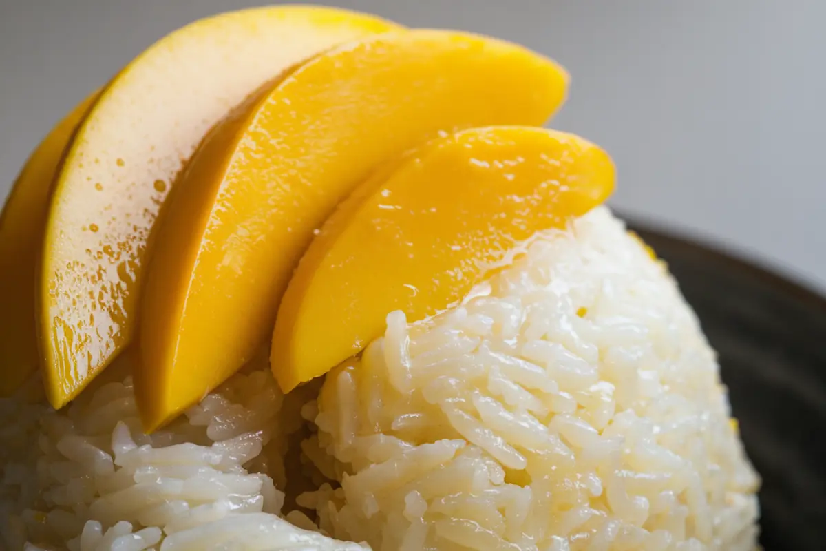 A plate of mango sticky rice with fresh mango slices and coconut sauce