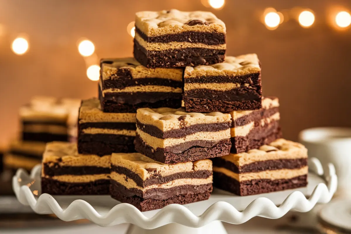 Layered brookie dessert with fudgy brownie base and chewy cookie top