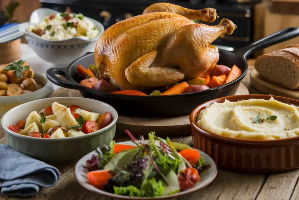 A spread of rotisserie chicken with various side dishes