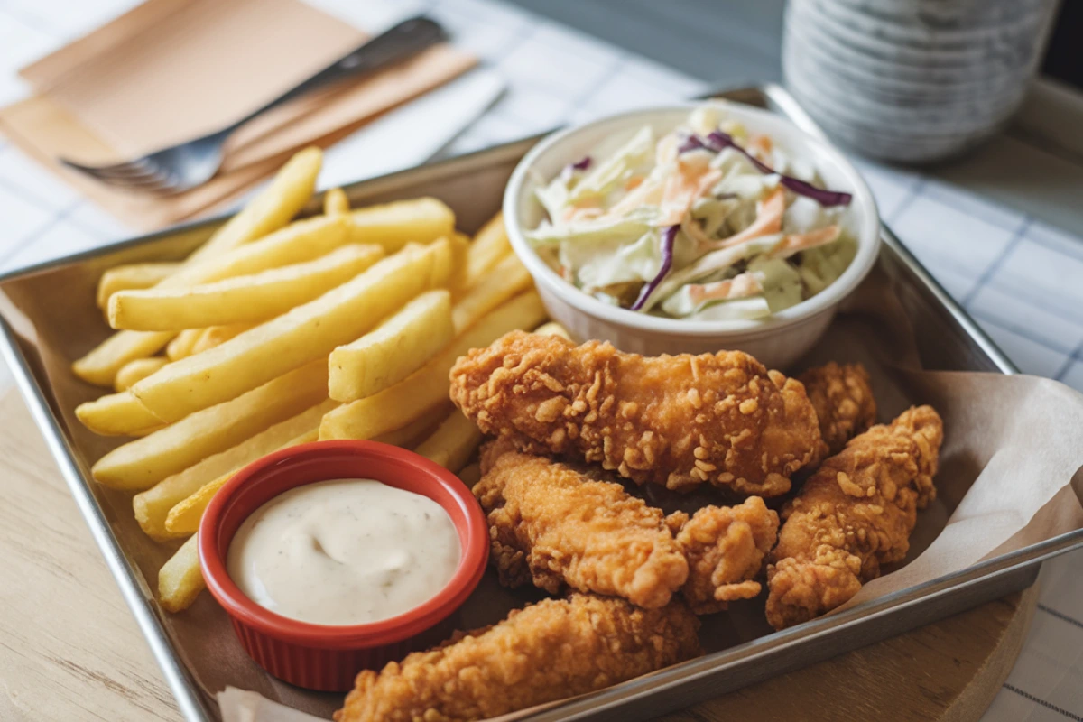 Raising Cane's sauce recipe in a dipping bowl with chicken strips, fries, and coleslaw on the side.