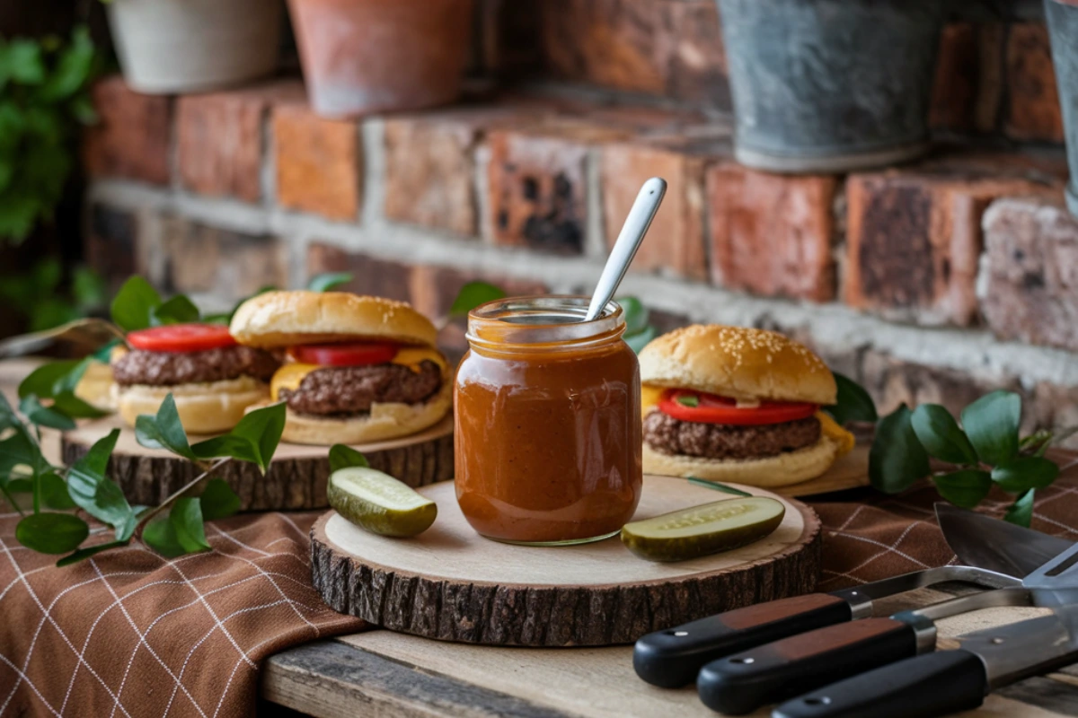 A jar of homemade burger sauce with a spoon, placed next to fresh burgers.