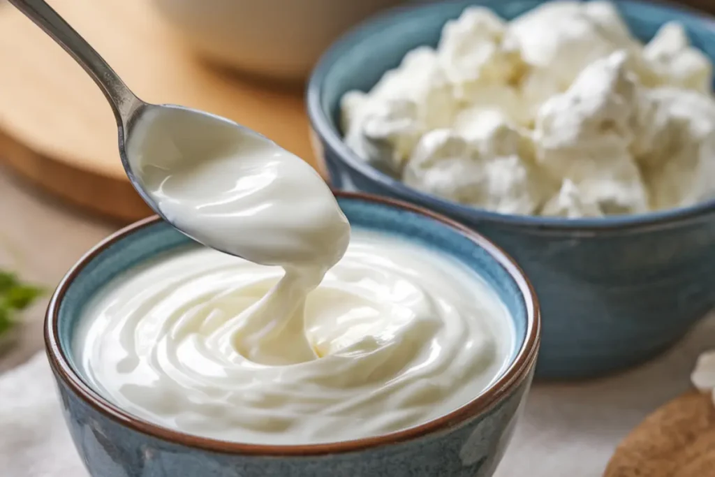 Bowl of cottage cheese and a bowl of yogurt side by side on a wooden table