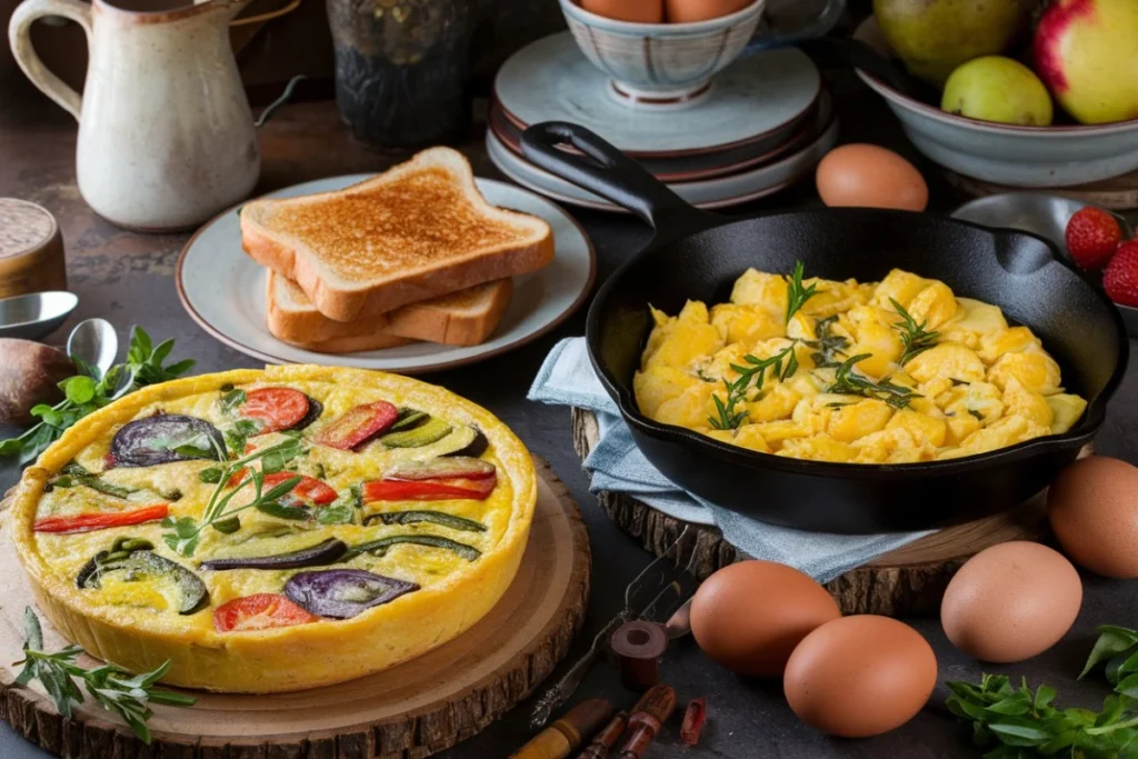 A variety of dishes made using extra eggs, including frittata, scrambled eggs, and custard.