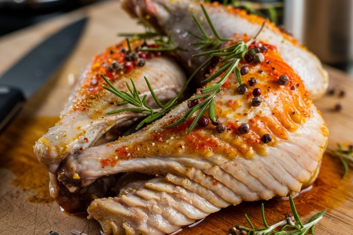 Preparing turkey wings with seasoning and marinades before cooking