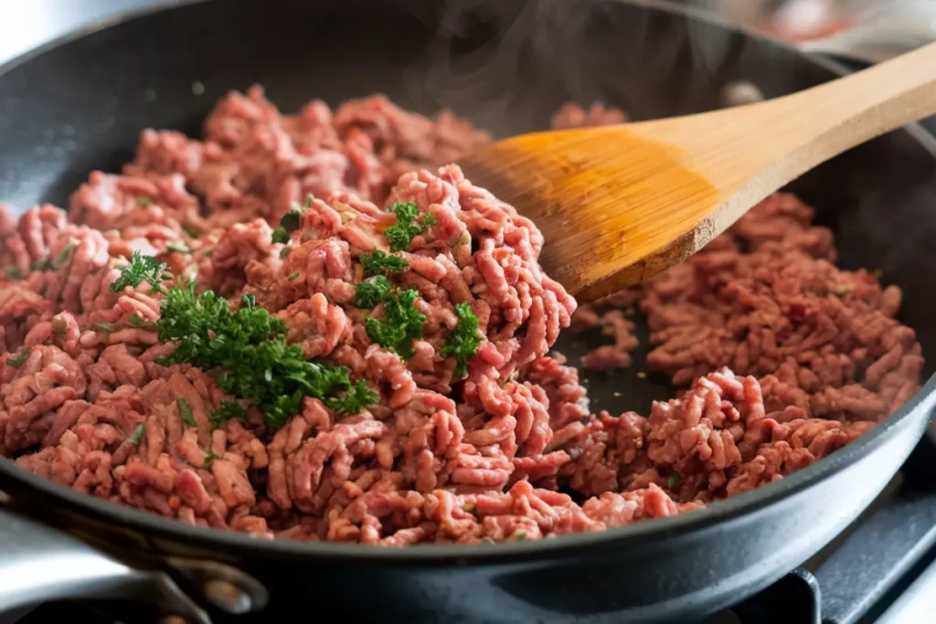 Cooking ground beef in a skillet with spices and herbs.