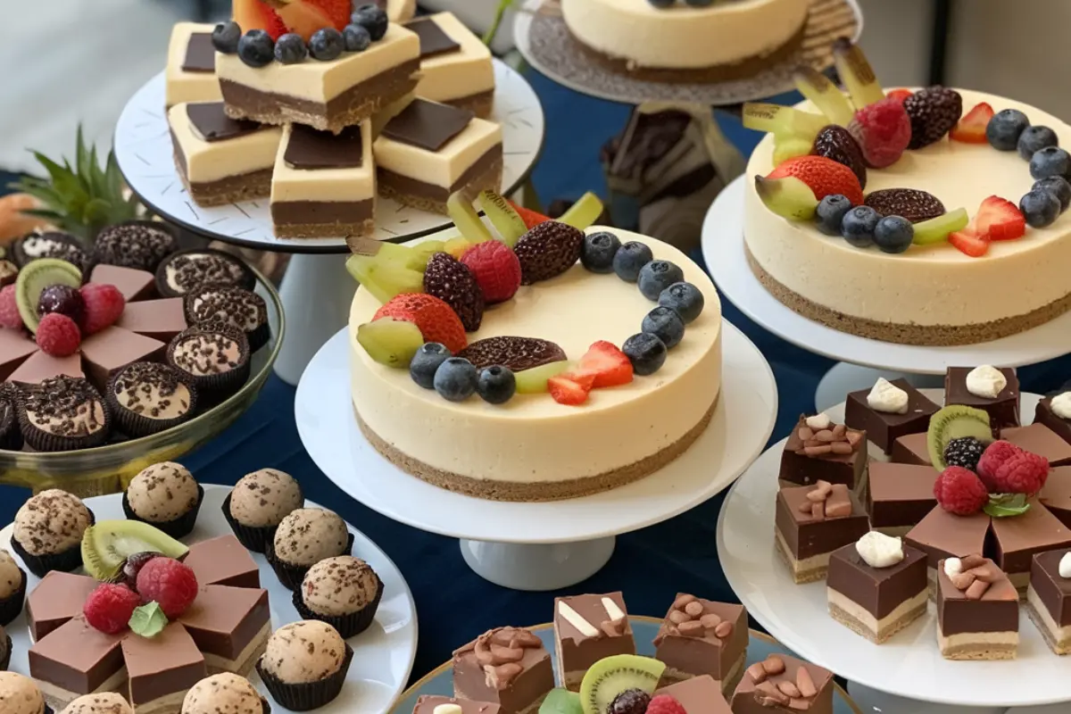 A variety of no-bake desserts including cheesecake, chocolate bars, and truffles on a table.