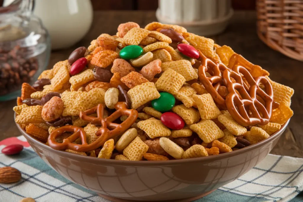 Crunchy homemade Chex mix in a bowl with pretzels and nuts