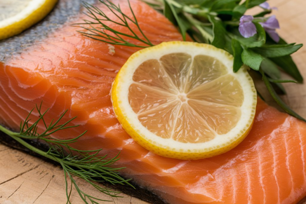 Smoked salmon on a wooden board with herbs and lemon slices