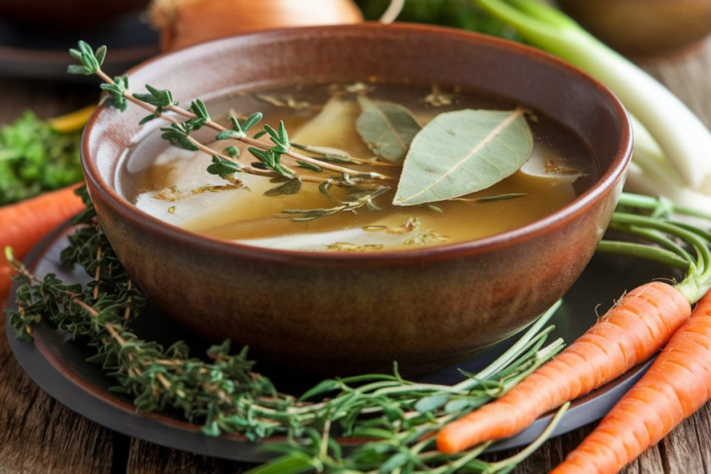 A bowl of bone broth with herbs and vegetables