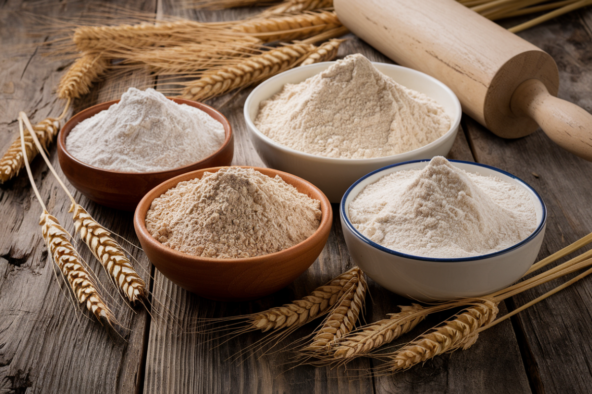 Different types of flour in bowls for bread making