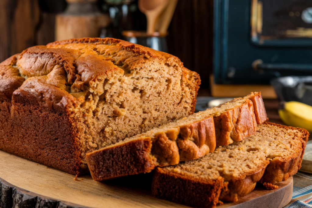 A perfectly moist banana bread loaf on a wooden cutting board.