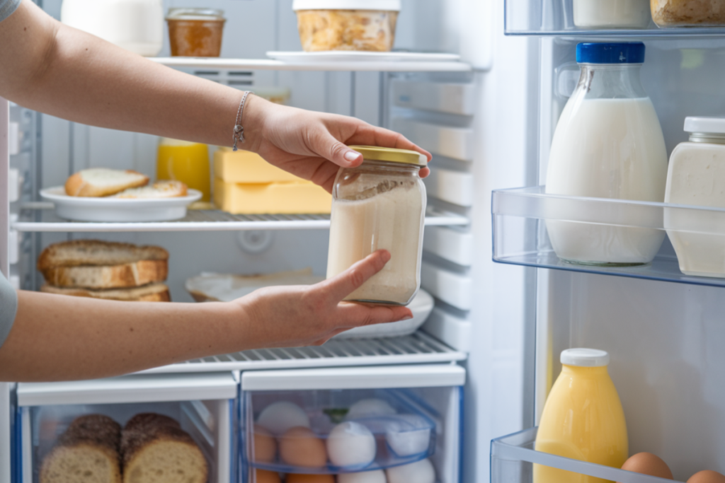 A jar of sourdough discard stored in the fridge next to baking ingredients.