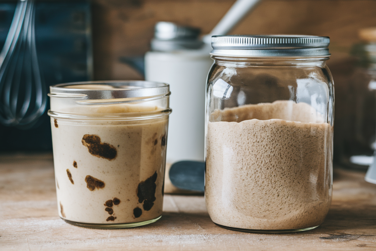 A jar of bubbly sourdough starter next to a jar of smooth sourdough discard on a wooden kitchen counter