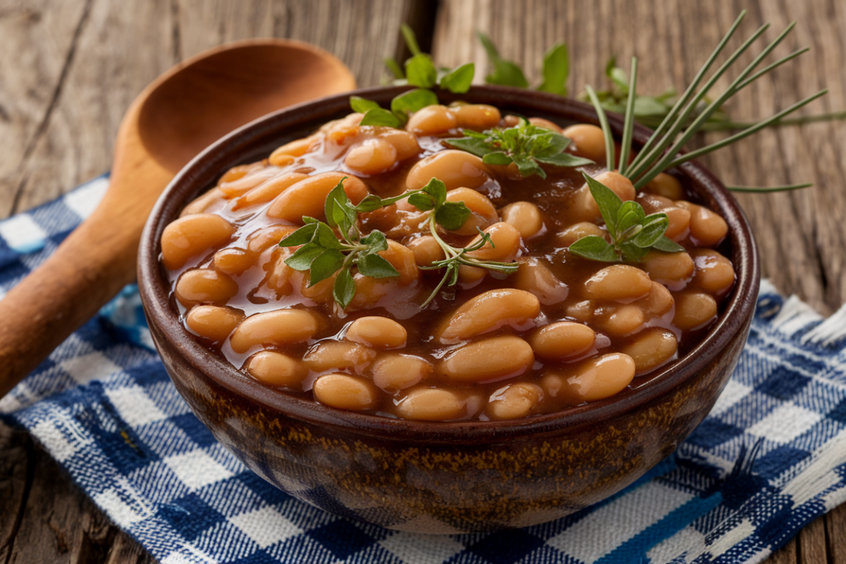 Bowl of homemade baked beans with a rustic wooden spoon