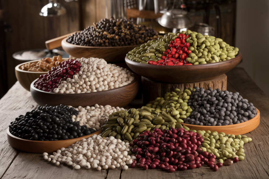 Different types of beans in bowls on a wooden table