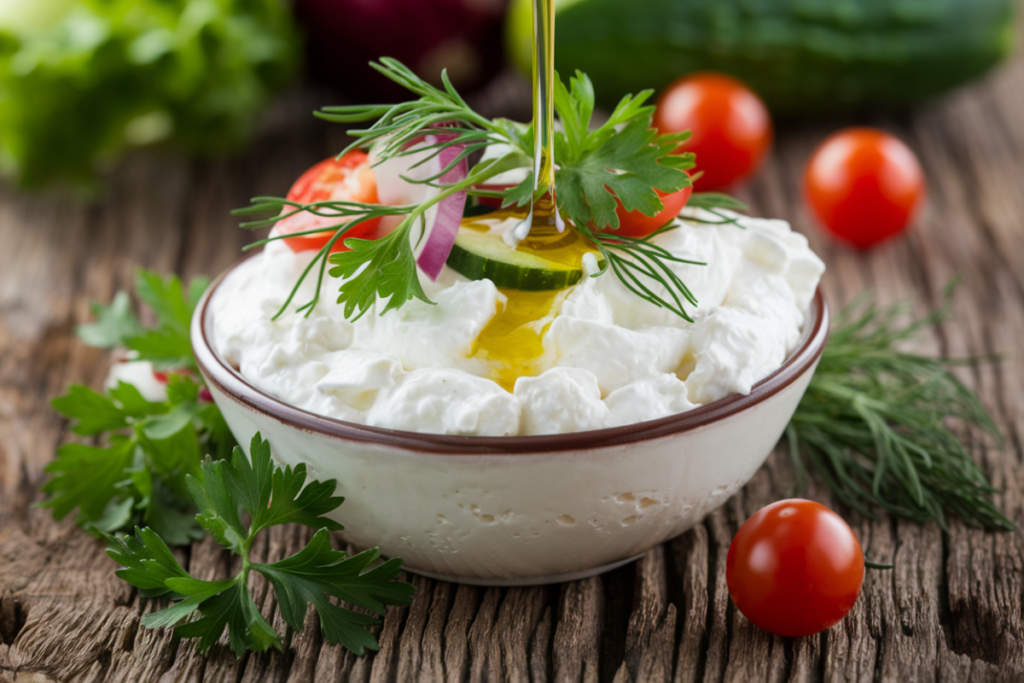 Cottage cheese in a bowl with fresh herbs and vegetables