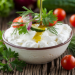 Cottage cheese in a bowl with fresh herbs and vegetables