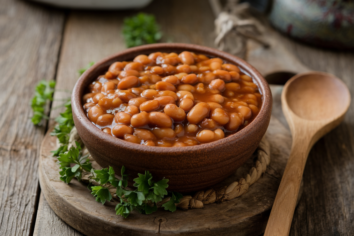 A bowl of baked beans on a wooden table