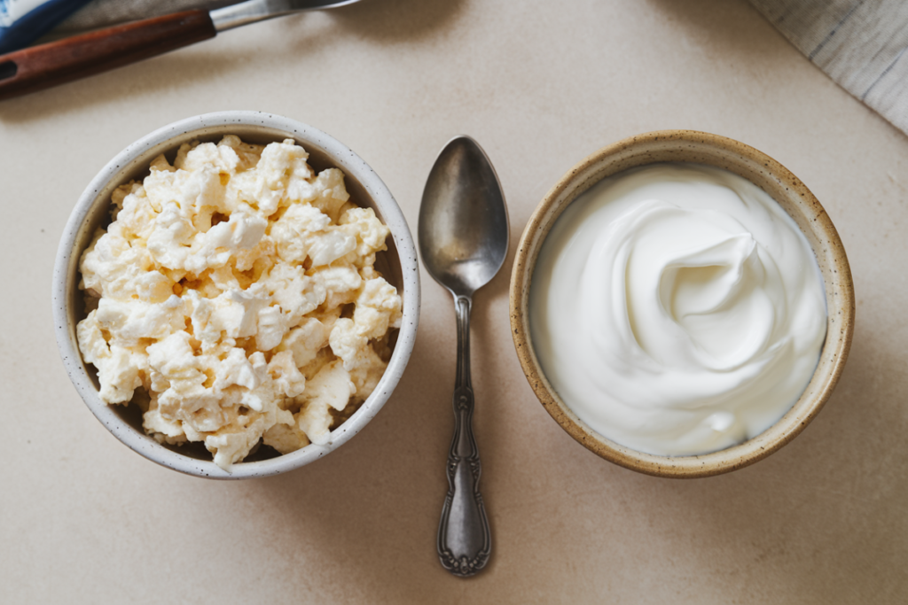 Comparison of cottage cheese and sour cream in bowls