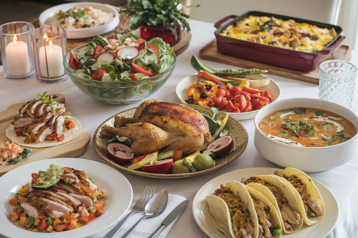 A variety of dishes made from rotisserie chicken